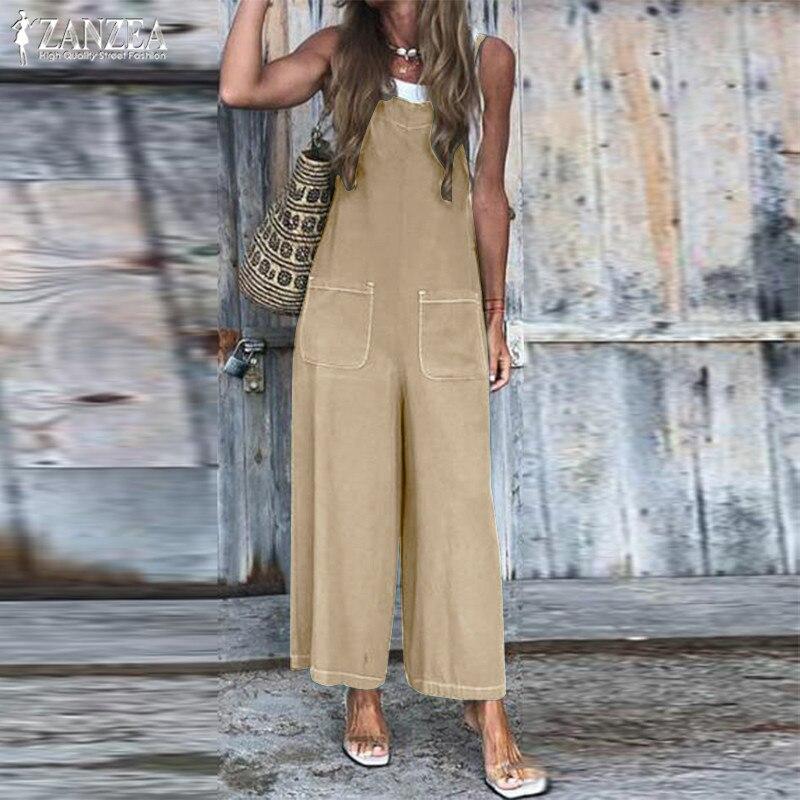 Plus Size Wide Leg Jumpsuits Women's Linen Overalls 2019 ZANZEA Vintage Suspender Rompers Female Patchwork Playsuits Summer Pant