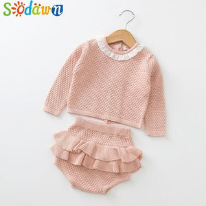 Sodawn Spring Autumn Fashion Baby Girls Clothes Long Sleeve Knit Sweater+Shorts Sets