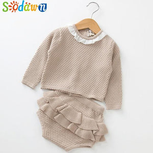 Sodawn Spring Autumn Fashion Baby Girls Clothes Long Sleeve Knit Sweater+Shorts Sets