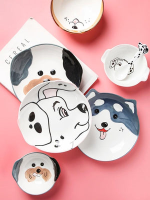 Cute Dog Dinnerware Set Kids Dinner Plate Bowls Spoon Noodle Bowl Ceramic Pet Bowl Decorative Cartoon Animal Crockery