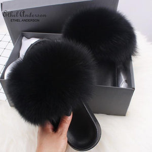 Ethel Anderson Fluffy Slippers Real FOX Fur Slides Indoor Flip Flops