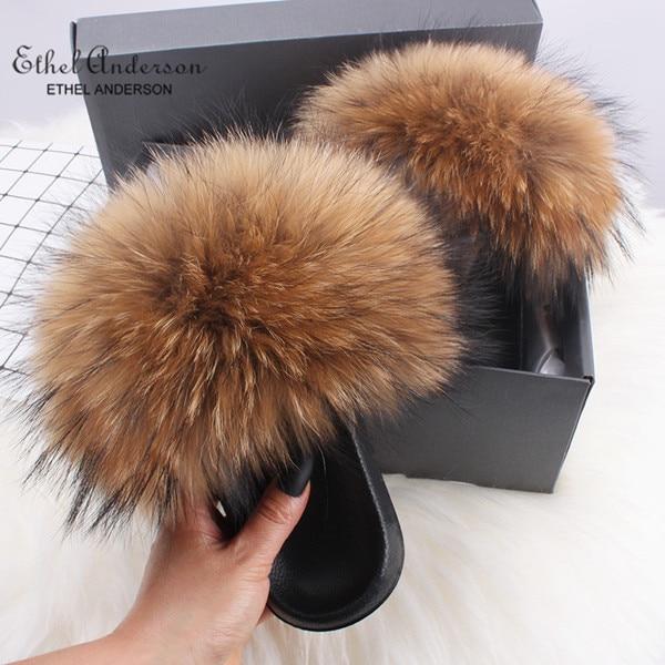 Ethel Anderson Fluffy Slippers Real FOX Fur Slides Indoor Flip Flops