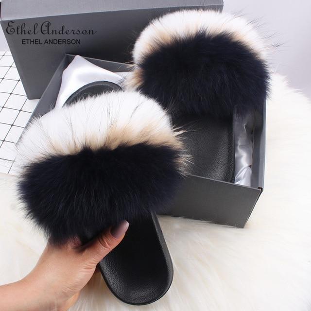 Ethel Anderson Fluffy Slippers Real FOX Fur Slides Indoor Flip Flops