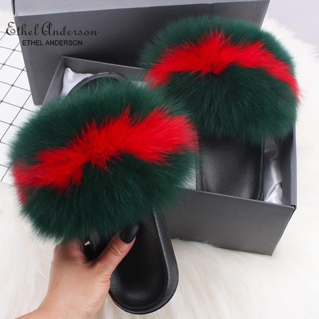 Ethel Anderson Fluffy Slippers Real FOX Fur Slides Indoor Flip Flops