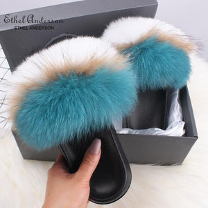 Ethel Anderson Fluffy Slippers Real FOX Fur Slides Indoor Flip Flops