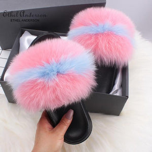 Ethel Anderson Fluffy Slippers Real FOX Fur Slides Indoor Flip Flops