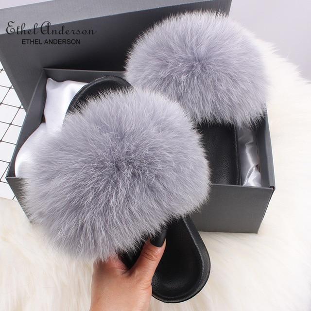 Ethel Anderson Fluffy Slippers Real FOX Fur Slides Indoor Flip Flops