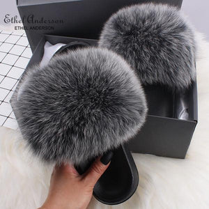 Ethel Anderson Fluffy Slippers Real FOX Fur Slides Indoor Flip Flops