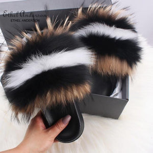 Ethel Anderson Fluffy Slippers Real FOX Fur Slides Indoor Flip Flops