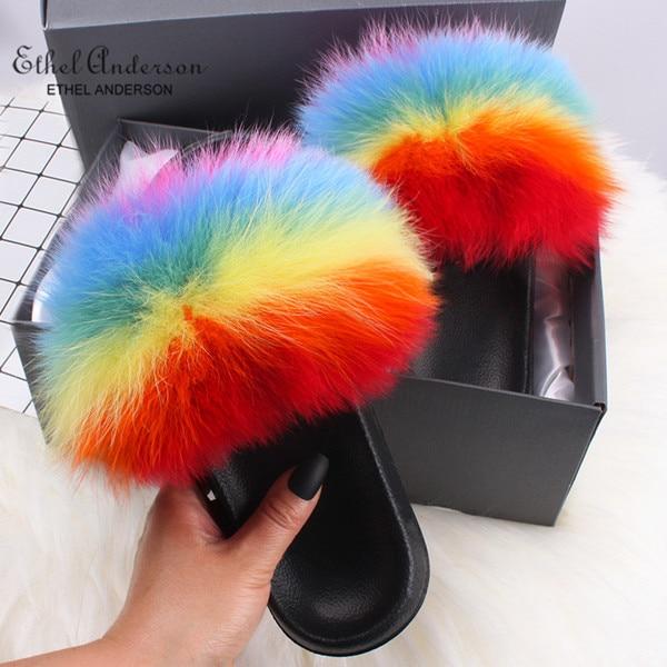 Ethel Anderson Fluffy Slippers Real FOX Fur Slides Indoor Flip Flops