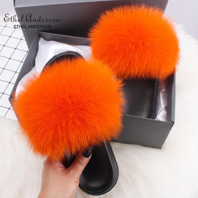 Ethel Anderson Fluffy Slippers Real FOX Fur Slides Indoor Flip Flops