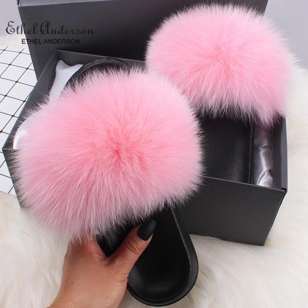 Ethel Anderson Fluffy Slippers Real FOX Fur Slides Indoor Flip Flops