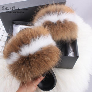 Ethel Anderson Fluffy Slippers Real FOX Fur Slides Indoor Flip Flops