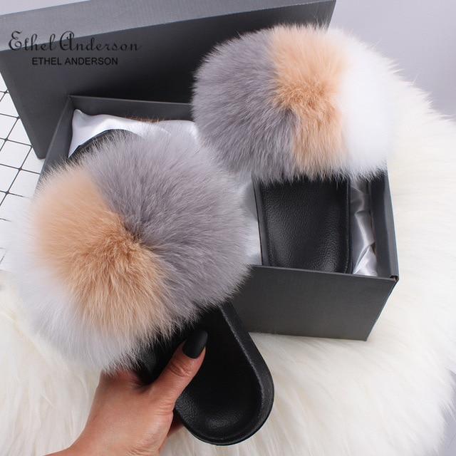 Ethel Anderson Fluffy Slippers Real FOX Fur Slides Indoor Flip Flops