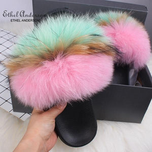 Ethel Anderson Fluffy Slippers Real FOX Fur Slides Indoor Flip Flops