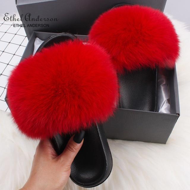 Ethel Anderson Fluffy Slippers Real FOX Fur Slides Indoor Flip Flops