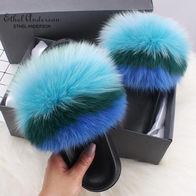 Ethel Anderson Fluffy Slippers Real FOX Fur Slides Indoor Flip Flops