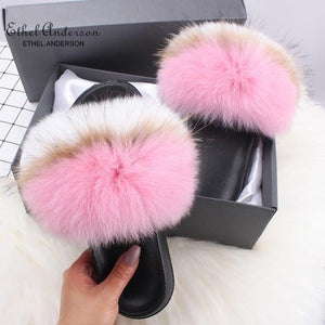 Ethel Anderson Fluffy Slippers Real FOX Fur Slides Indoor Flip Flops