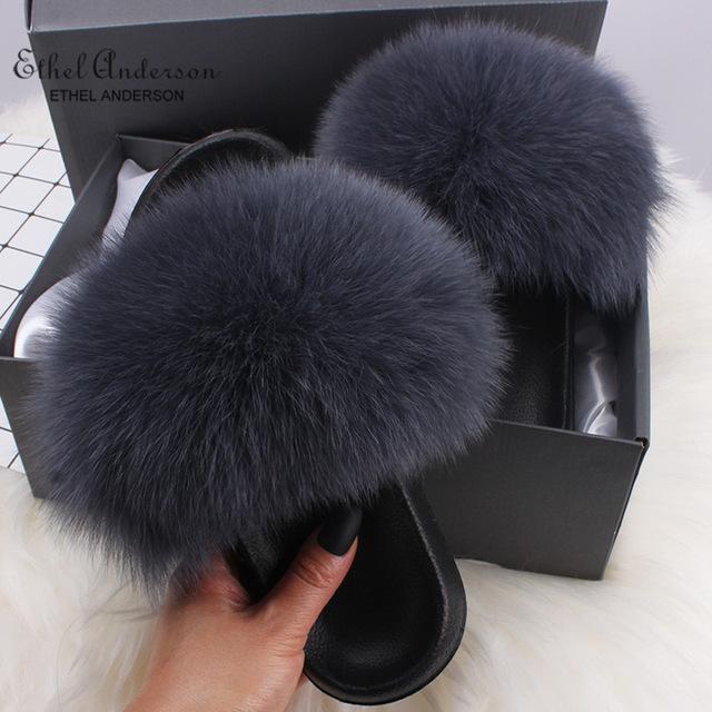 Ethel Anderson Fluffy Slippers Real FOX Fur Slides Indoor Flip Flops