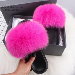 Ethel Anderson Fluffy Slippers Real FOX Fur Slides Indoor Flip Flops