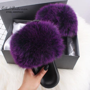 Ethel Anderson Fluffy Slippers Real FOX Fur Slides Indoor Flip Flops