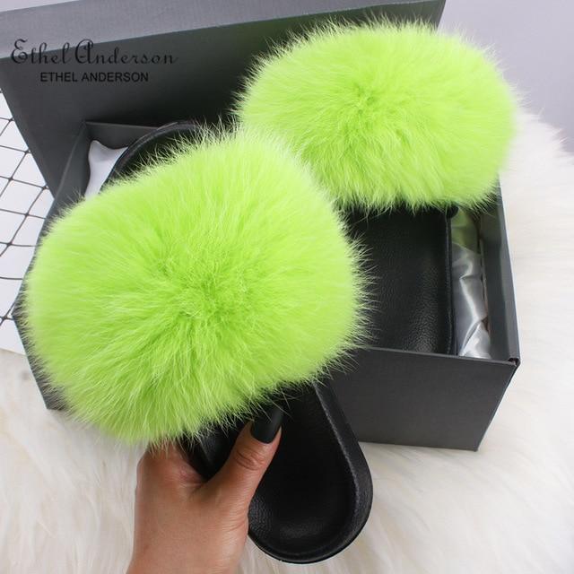 Ethel Anderson Fluffy Slippers Real FOX Fur Slides Indoor Flip Flops