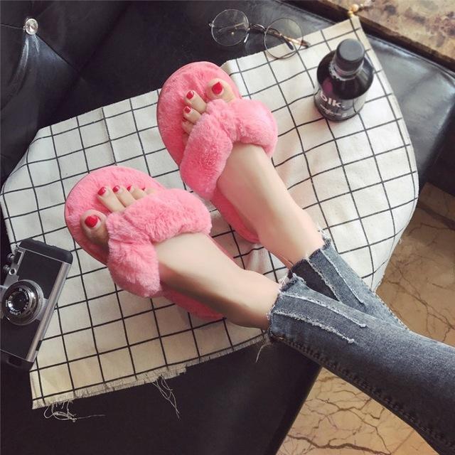 Winter Fashion Women Home Slippers Faux Fur Warm Shoes Woman Slip Ons