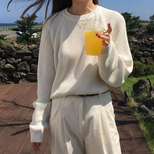 Korean Fashion Ladies Full Sleeve Women Knitting Sweater Solid O-Neck Pullover And Jumper Loose Sweater Hot Sale S80209Q