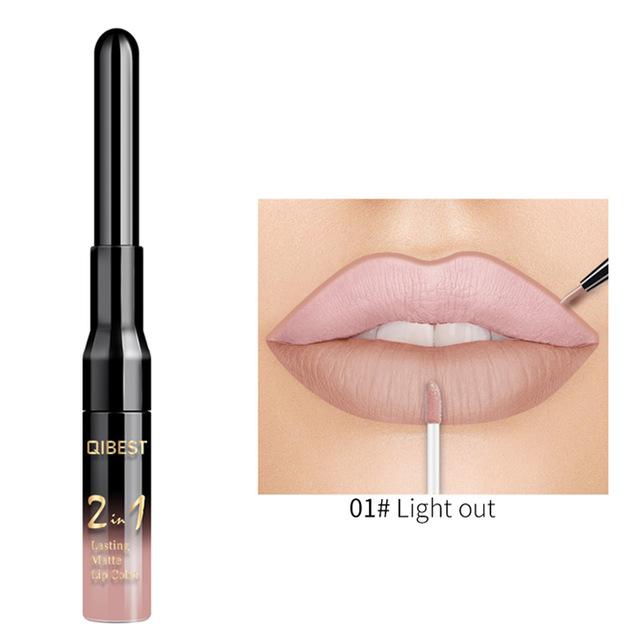 QiBest 2 in 1 Lip Liner Liquid Lipstick Pencil Matte Waterproof Lipliner Red Lips Liners Pen Stick Long Lasting Sexy Makeup