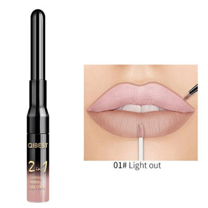 QiBest 2 in 1 Lip Liner Liquid Lipstick Pencil Matte Waterproof Lipliner Red Lips Liners Pen Stick Long Lasting Sexy Makeup