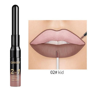 QiBest 2 in 1 Lip Liner Liquid Lipstick Pencil Matte Waterproof Lipliner Red Lips Liners Pen Stick Long Lasting Sexy Makeup