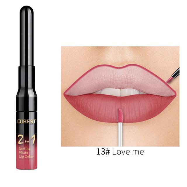 QiBest 2 in 1 Lip Liner Liquid Lipstick Pencil Matte Waterproof Lipliner Red Lips Liners Pen Stick Long Lasting Sexy Makeup