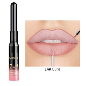 QiBest 2 in 1 Lip Liner Liquid Lipstick Pencil Matte Waterproof Lipliner Red Lips Liners Pen Stick Long Lasting Sexy Makeup