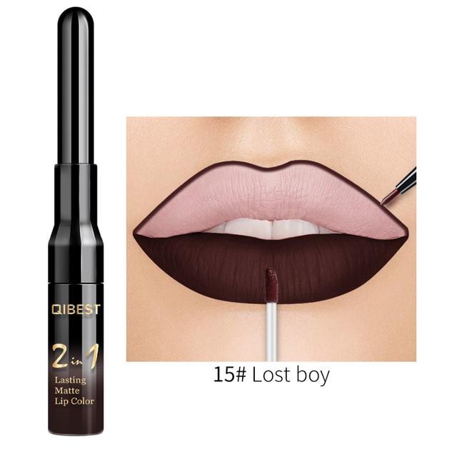 QiBest 2 in 1 Lip Liner Liquid Lipstick Pencil Matte Waterproof Lipliner Red Lips Liners Pen Stick Long Lasting Sexy Makeup