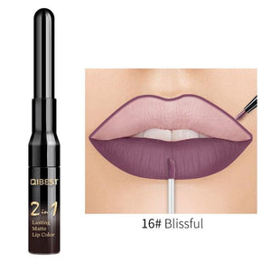 QiBest 2 in 1 Lip Liner Liquid Lipstick Pencil Matte Waterproof Lipliner Red Lips Liners Pen Stick Long Lasting Sexy Makeup