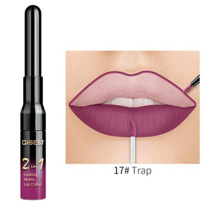 QiBest 2 in 1 Lip Liner Liquid Lipstick Pencil Matte Waterproof Lipliner Red Lips Liners Pen Stick Long Lasting Sexy Makeup