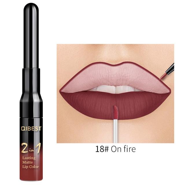 QiBest 2 in 1 Lip Liner Liquid Lipstick Pencil Matte Waterproof Lipliner Red Lips Liners Pen Stick Long Lasting Sexy Makeup