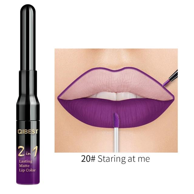 QiBest 2 in 1 Lip Liner Liquid Lipstick Pencil Matte Waterproof Lipliner Red Lips Liners Pen Stick Long Lasting Sexy Makeup