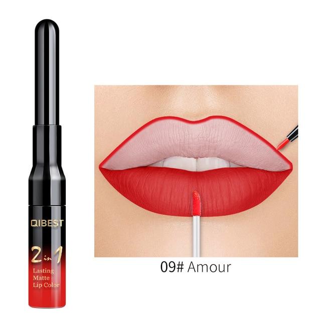 QiBest 2 in 1 Lip Liner Liquid Lipstick Pencil Matte Waterproof Lipliner Red Lips Liners Pen Stick Long Lasting Sexy Makeup