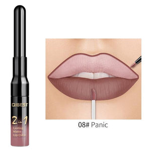 QiBest 2 in 1 Lip Liner Liquid Lipstick Pencil Matte Waterproof Lipliner Red Lips Liners Pen Stick Long Lasting Sexy Makeup