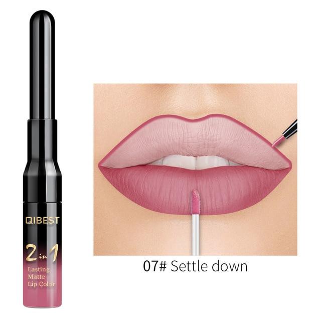 QiBest 2 in 1 Lip Liner Liquid Lipstick Pencil Matte Waterproof Lipliner Red Lips Liners Pen Stick Long Lasting Sexy Makeup