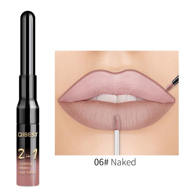 QiBest 2 in 1 Lip Liner Liquid Lipstick Pencil Matte Waterproof Lipliner Red Lips Liners Pen Stick Long Lasting Sexy Makeup