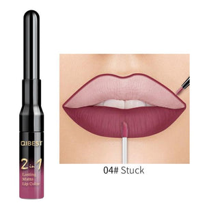 QiBest 2 in 1 Lip Liner Liquid Lipstick Pencil Matte Waterproof Lipliner Red Lips Liners Pen Stick Long Lasting Sexy Makeup