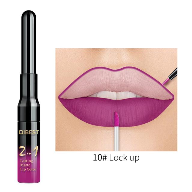 QiBest 2 in 1 Lip Liner Liquid Lipstick Pencil Matte Waterproof Lipliner Red Lips Liners Pen Stick Long Lasting Sexy Makeup