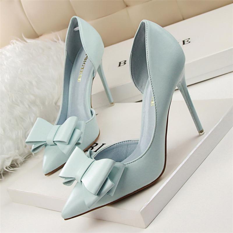 Fashion Delicate Sweet Bowknot High Heel Shoes Side Hollow Pointed Women