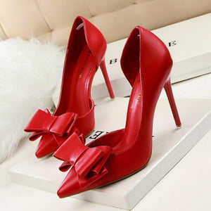 Fashion Delicate Sweet Bowknot High Heel Shoes Side Hollow Pointed Women