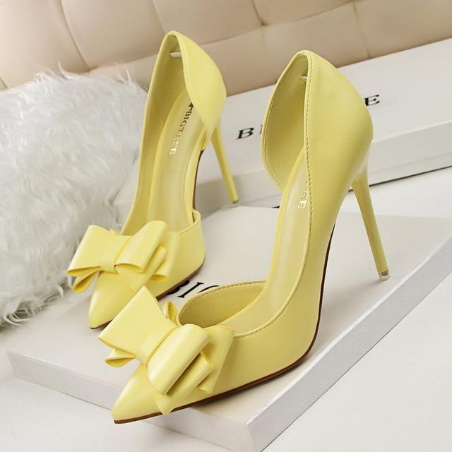 Fashion Delicate Sweet Bowknot High Heel Shoes Side Hollow Pointed Women