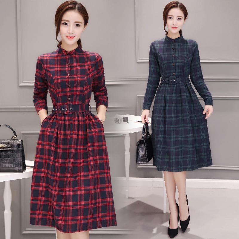 2019 Autumn Winter Plus Size Red Plaid Cotton Midi Dresses Women Elegant Korean Bodycon tshirt Dress Party Long Sleeve Vestidos