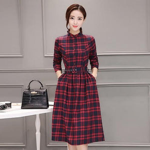 2019 Autumn Winter Plus Size Red Plaid Cotton Midi Dresses Women Elegant Korean Bodycon tshirt Dress Party Long Sleeve Vestidos