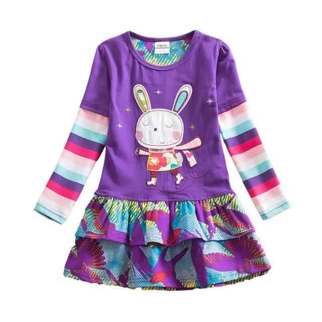 VIKITA Girls Cotton Dress Long Sleeve Children Patchwork Vestidos Kid Dresses